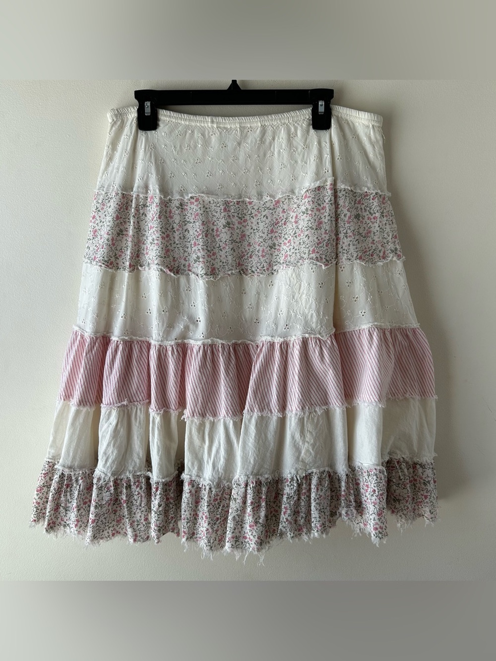 Vintage Y2K No Boundaries 100% Cotton Tiered Patchwork Ruffle Midi Skirt Pink L - Picture 7 of 9